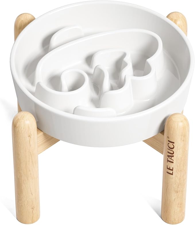 LE TAUCI Ceramic Slow Feeder Dog Bowls Elevated, 0.6 Cups Raised Dog Bowl with Wooden Stand for Small Breed, Dog Dishes to Slow Down Eating, Puzzle Dog Food Bowl, Angel White