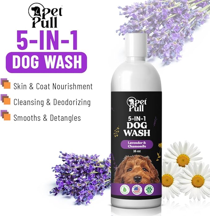 5-in-1 Dog Wash - Plant Based Dog Grooming Supplies for Dogs Cleanses - Skin Care Dog Wash Shampoo - Sulfate Free, All Natural Puppy Wash -Lavender and Chamomile Scent -Made in USA (16 Fl Oz)