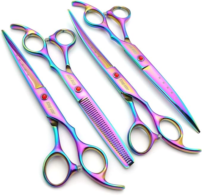 7.0in Titanium Rainbow Professional Pet Grooming Scissors Set,Straight & Thinning & Curved Scissors 4pcs Set for Dog Grooming,(Rainbow)