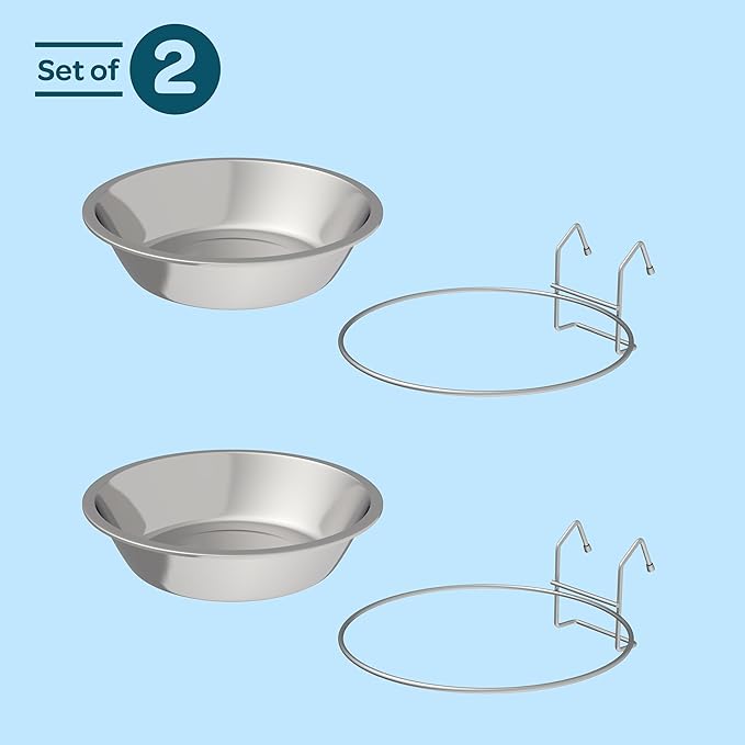 Set of 2 Stainless-Steel Dog Bowls - Cage, Kennel, and Crate Hanging Pet Bowls for Food and Water - 48oz Each and Dishwasher Safe by PETMAKER