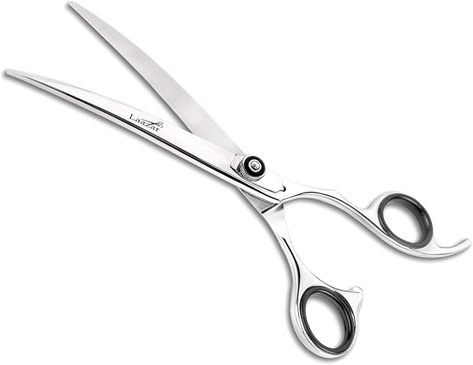 Laazar Professional 7.5 inch Curved Shears for Dogs and Cats | Tension Adjustable Pet Grooming Scissors | 440C Japanese Stainless Steel | Groomers Tool for Men and Woman Leather case Included