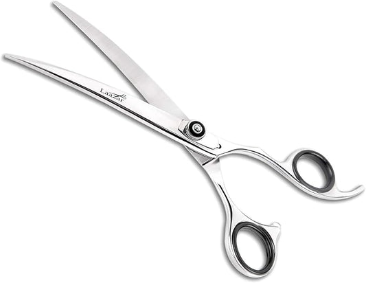Laazar Professional 7.5 inch Curved Shears for Dogs and Cats | Tension Adjustable Pet Grooming Scissors | 440C Japanese Stainless Steel | Groomers Tool for Men and Woman Leather case Included