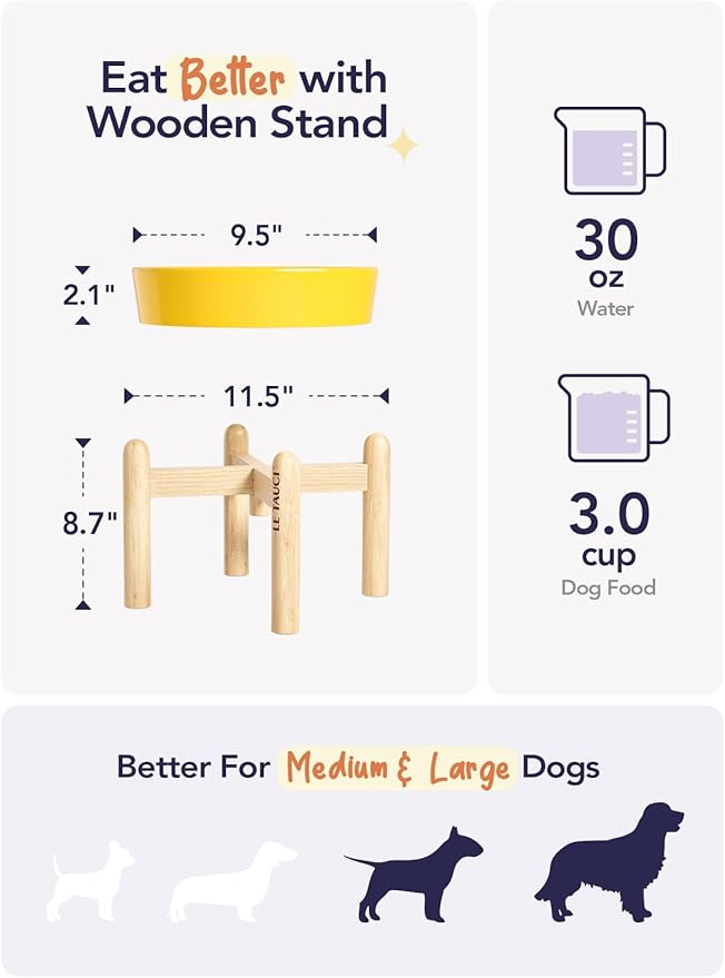 LE TAUCI Ceramic Slow Feeder Dog Bowls Elevated, 3 Cups Raised Dog Bowl with Wooden Stand for Medium Large Breed, Dog Dishes to Slow Down Eating, Puzzle Dog Food Bowl, Star Yellow