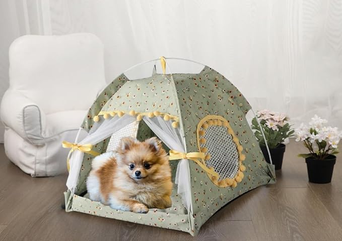 Cat Bed Tents Dog House Indoor Outdoor Lace Mesh Breathable Windows Door Curtains Removable Portable Nest Teepe House (Large,Green&Yellow)