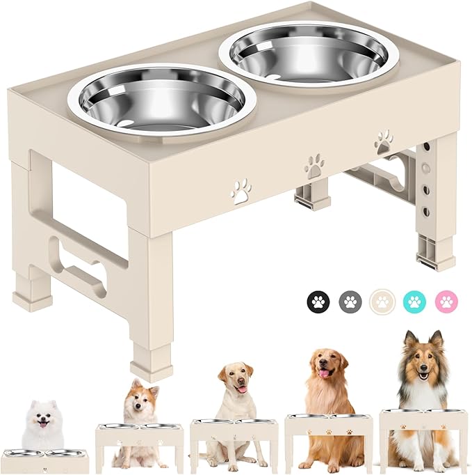 Elevated Dog Bowls with 2 Stainless Steel Bowls, Raised Dog Food Bowl Stand 5 Height Adjustable (3.1", 9", 10", 11", 12") Non-Slip Feeder Set for Medium and Large Dogs - Apricot