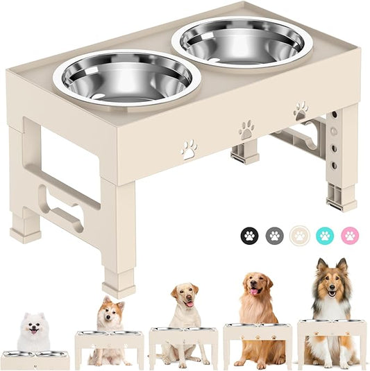 Elevated Dog Bowls with 2 Stainless Steel Bowls, Raised Dog Food Bowl Stand 5 Height Adjustable (3.1", 9", 10", 11", 12") Non-Slip Feeder Set for Medium and Large Dogs - Apricot