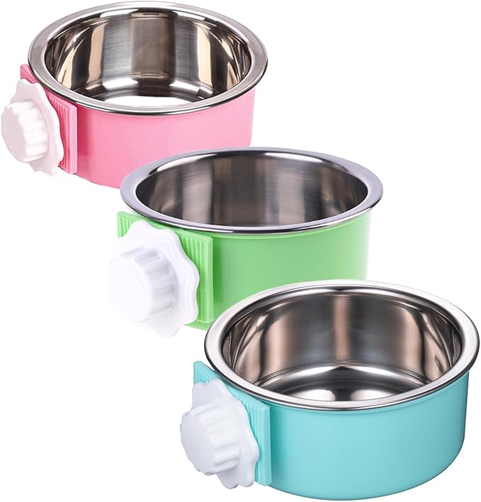 3 Pieces Crate Dog Bowl, Removable Stainless Steel Pet Kennel Hanging Food Water Feeder Bowl Cage Coop Cup for Puppy Medium Dog Cat Rabbit Ferret Bird (Blue,Red,Green)