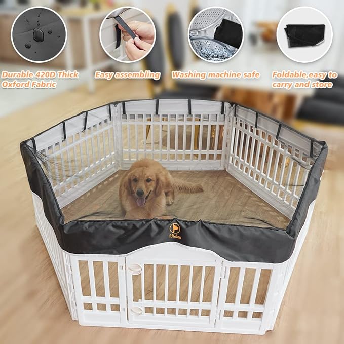 PJYuCien Dog Playpen Mesh Top Cover, Fits 36 Inch 6 Panels Regular Hexagonal Plastic Exercise Pet Pen, Adhesive Tape Connections, Black (Note: Cover Only, Fence Not Included)