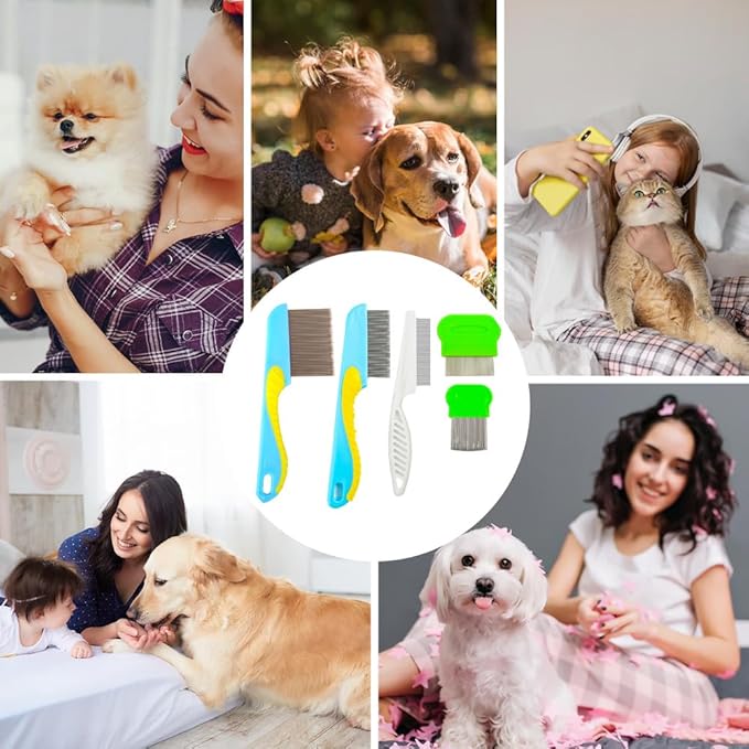 5pcs Flea Comb,Dematting Comb for Dog and Cat,Stainless Steel Teeth Head Nit Comb for Small,Medium&Large Pets,Lice Combs,Tick Comb for Dogs,Dog Combs for Grooming(A-blue green white)