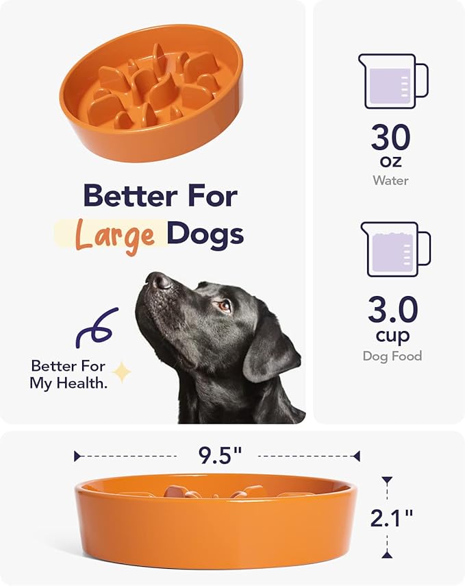 LE TAUCI Dog Bowls Slow Feeder Ceramic, 3 Cup Slow Bowl, 9.5 Inch Puzzle Feeders, Sun Orange