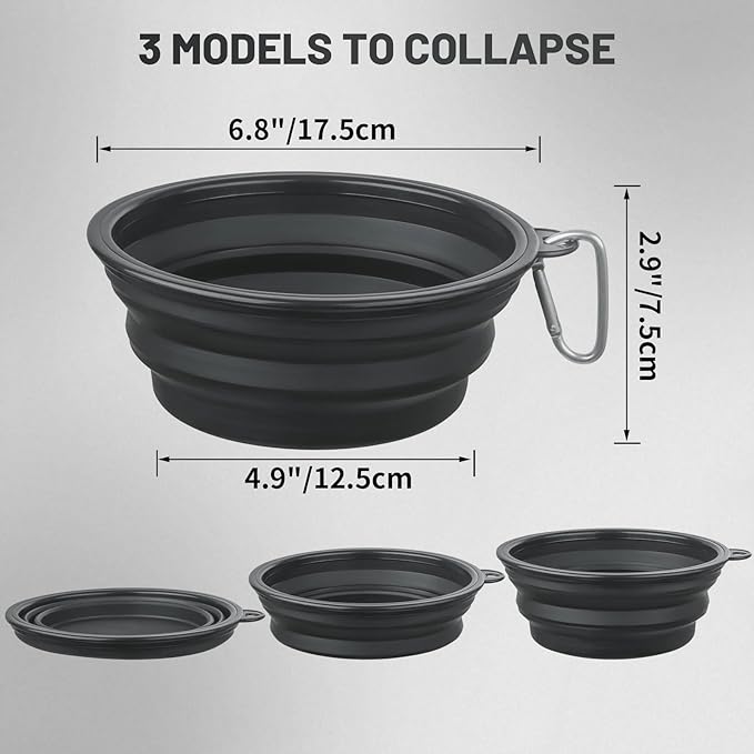 Dog Bowl Pet Collapsible Bowls, 2 Pack Collapsible Dog Water Bowls for Cats Dogs, Portable Pet Feeding Watering Dish for Walking Parking Traveling with 2 Carabiners (Large, Black+Black)