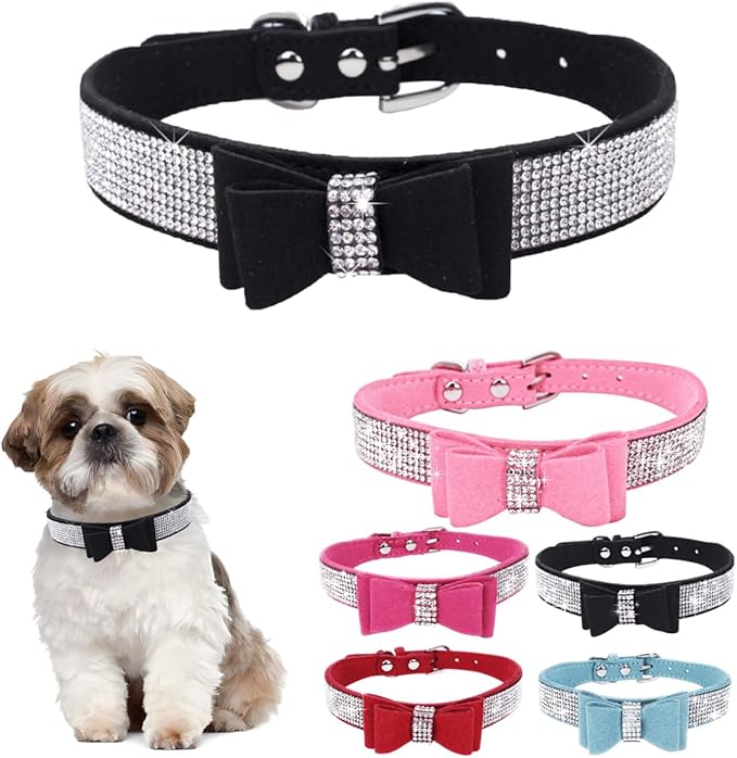 Diamond Large Dog Collar Girl, Rhinestone Dog Collar with Bow tie, Female Cat Collars Crystal Jeweled Bling Sparkling Glitter for Small Medium Large Dogs,Black,XL