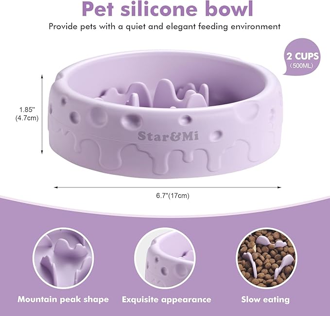 Silicone Slow Feeder Dog Bowls & Cat Bowls, 2 Cups Small Pet Food Bowl with Non-Slip Suction Base, Food-Grade Safe Puzzle Feeder for Small & Medium Dogs & Indoor Cats - Dishwasher & Microwave Safe