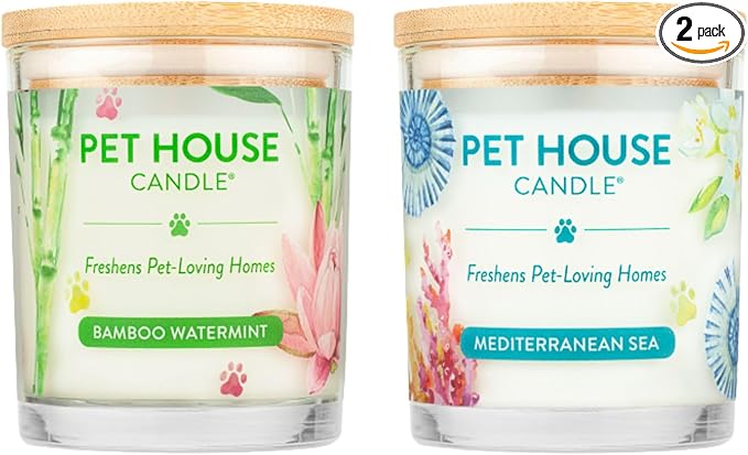 One Fur All Pet House Candle 2 Pack - Plant-Based/Soy Candle - Clean Burning Scented Candles, Long Lasting Pet Odor Candle for Home - Bamboo Watermint, Med Sea