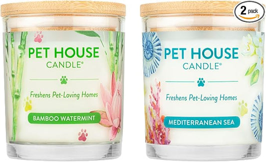 One Fur All Pet House Candle 2 Pack - Plant-Based/Soy Candle - Clean Burning Scented Candles, Long Lasting Pet Odor Candle for Home - Bamboo Watermint, Med Sea