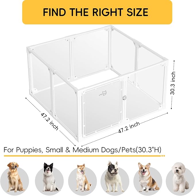 Clear Acrylic Metal Dog Playpen Indoor, Easy Assemble Transparent Puppy Playpen, Expandable & Durable Dog Fence for Small and Medium Dogs (30.3" H, 8PCS)
