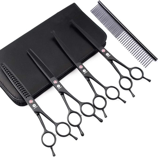 Dream Reach 7.0 Inches Professional Pet Cat Dog Grooming Shears Scissors, Straight, Curved, Thinning/Blending/Chunking Scissors Kit (4-Set Blunt Tip)