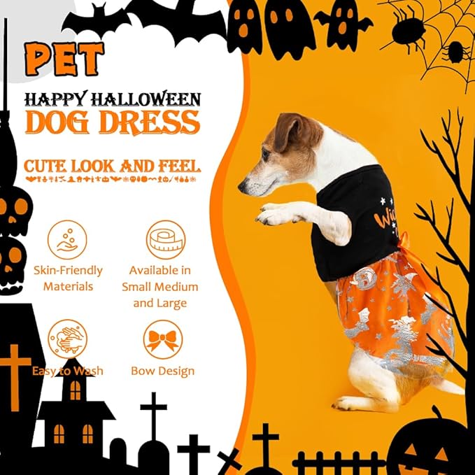 Dog Halloween Costumes Dog Dresses, Halloween Costumes for Dogs Funny Puppy Dress with Bow for Small Large Dogs, Pumpkin Witch Bat Pet Costume Halloween Christmas (Medium, Wickedly Cute)