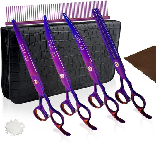 LILYS PET Professional PET DOG Grooming Coated Titanium scissors suit Cutting&Curved&Thinning shears (7.0 inches, Purple)…