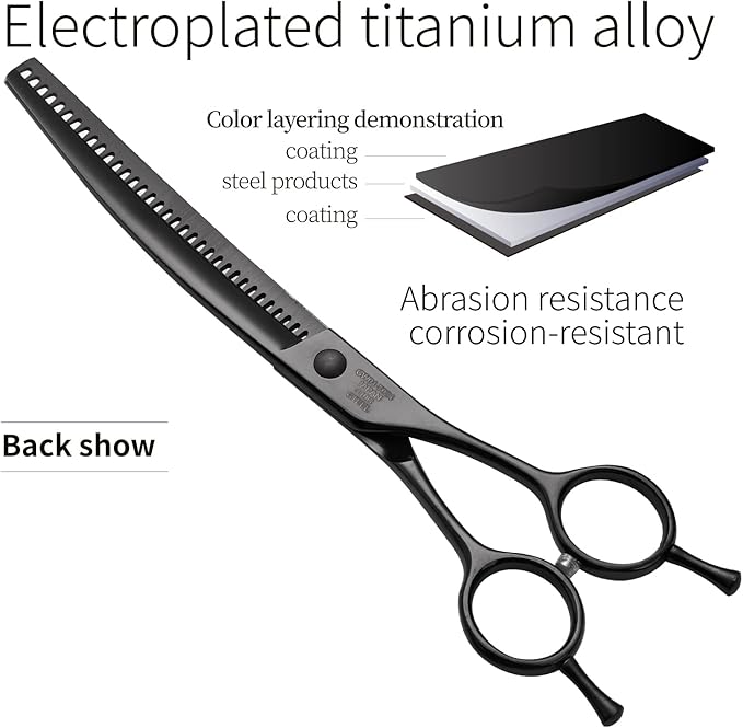 Fenice Peak Professional Dog Grooming Scissors Pet Curved Chunker Shears 7.0'' Extremely Sharp Blades 440C Steel Thinning Scissors Durable Smooth Motion & Fine Cut for Dogs and Cats(Black)