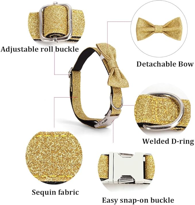 YSHOME&PET Bling Dog Collar with Bow Tie, Adjustable Bowtie Dog Collar with Metal Buckle D-Ring Soft Pet Collars for Cats Small Medium Large Boy or Girl Dogs Daily Walking or Holiday Party