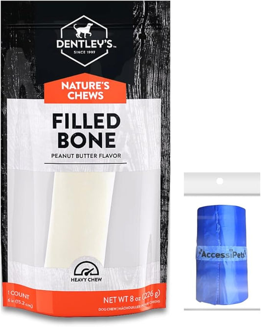 Filled Dog Bones Bundles for Large Dogs, Large Stuffed Femur Bone Bundle with 1 Dog Waste Roll, Long-Lasting Dental Treats for Aggressive Chewers (Peanut Butter)