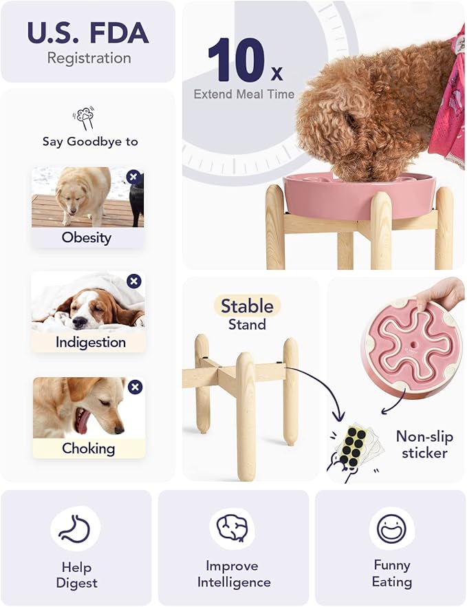 LE TAUCI Ceramic Slow Feeder Dog Bowls Elevated, 3 Cup Raised Bowl with Wooden Stand for Medium Large Breed, Slow Down Eating, Puzzle Dog Food Bowl, Flower Pink