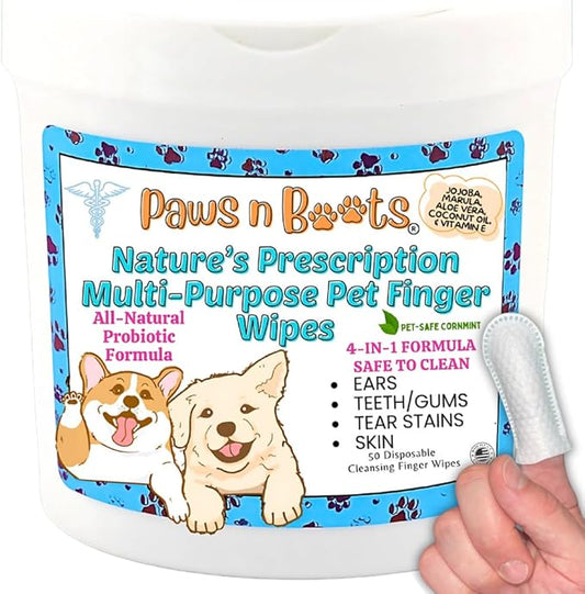 Pet Wipes - Multi-Purpose Finger Wipes to Cleanse Ears, Freshen Breath, Whiten Teeth, Soothe Skin and Tear Stain Removal. Pre-Formulated with 100% Natural, Plant-Based, Safe, & Beneficial Ingredients.