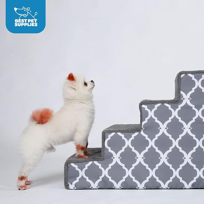 Best Pet Supplies Foam Pet Steps for Small Dogs and Cats, Portable Ramp Stairs for Couch, Sofa, and High Bed Climbing, Non-Slip Balanced Step Support, Paw Safe - Gray Lattice Print, 3-Step (H: 13.5")