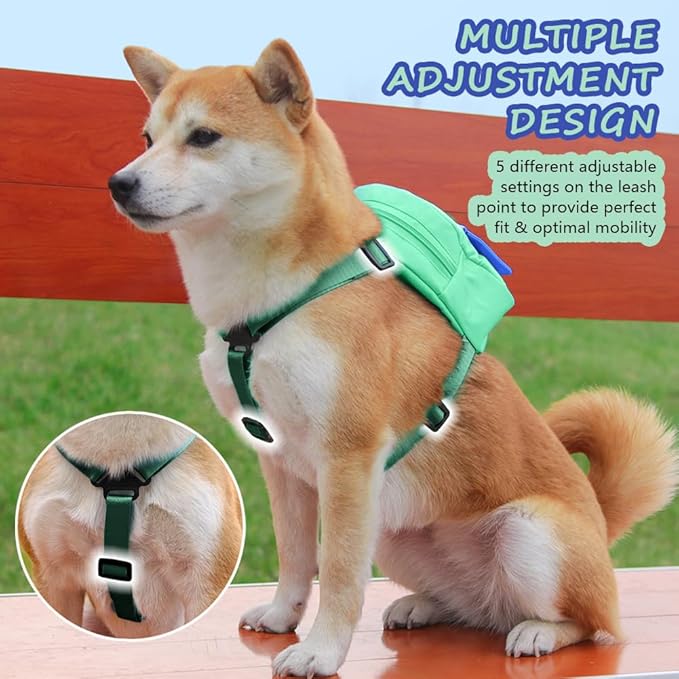 Dog Backpack Harness with Leash,Cute Pet Puppy Backpacks Bulid-in Dog Poop Bag Dispenser,Adjustable Pets Self Carrier Bag for Small Medium Dogs Travel Hiking Daily Walking(M, Green)