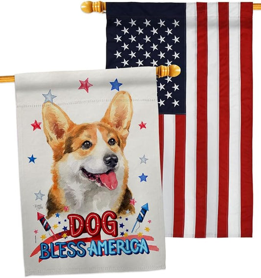 Breeze Decor Patriotic Pembroke Welsh Corgi House Flag-Pack Dog Puppy Spoiled Paw Canine Fur Pet Nature Farm Animal Creature Embroidery Banner Small Garden Yard Gift Double-Sided, Made in USA