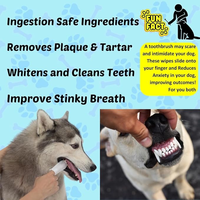 Pet Wipes - Multi-Purpose Finger Wipes to Cleanse Ears, Freshen Breath, Whiten Teeth, Soothe Skin and Tear Stain Removal. Pre-Formulated with 100% Natural, Plant-Based, Safe, & Beneficial Ingredients.