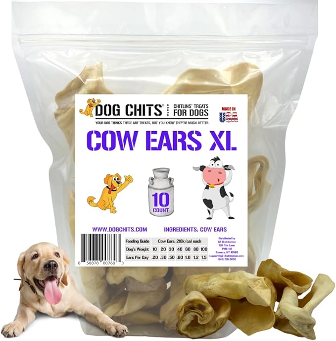 Dog Chits Cow Ears for Dogs | Extra Large | Thick Cut | Whole Ears | Dog and Puppy Chews | USDA | All Natural | Long Lasting Chews | 10 Count