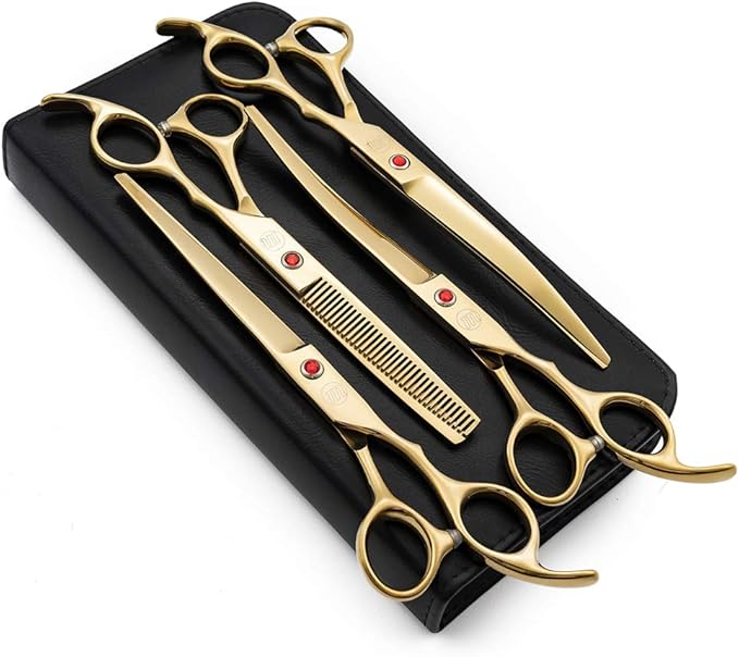 Moontay Professional 7.0" Dog Grooming Scissors Set, 4-pieces Straight, Upward Curved, Downward Curved, Thinning/Blending Shears for Dog, Cat and Pets, JP Stainless Steel, Gold