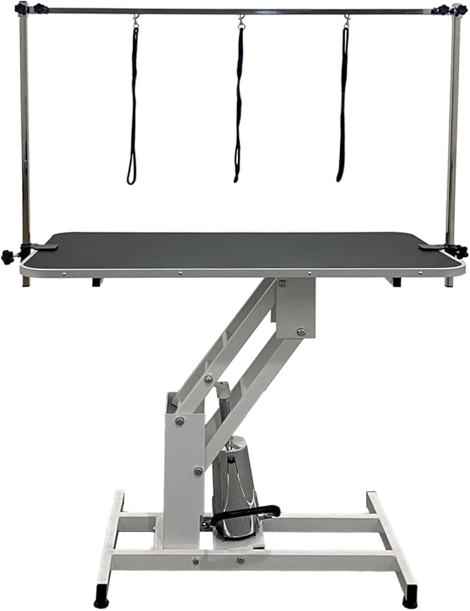 43.3" Hydraulic Dog Grooming Table for Pet, Heavy Duty Structural Hydraulic Max Load 350Lbs Professional Pet Grooming Table with Adjustable Overhead Arm & Noose Height Range 22''-39'' (WHITE)