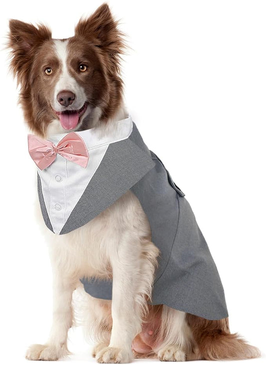 Kuoser Dog Tuxedo Dog Suit and Bandana Set, Dogs Tuxedo Wedding Party Suit, Doggy Prince Bow Tie Shirt Formal Pet Wedding Attire for Large Medium and Small Dogs Golden Retriever Samo Bulldogs