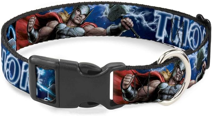 Marvel Comics Pet Collar, Dog Collar Plastic Buckle, Avengers Thor Hammer Action Pose Galaxy Blues White, 7 to 8.5 Inches 0.5 Inch Wide