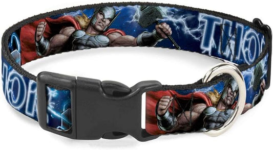Dog Collar Plastic Clip Avengers Thor Hammer Action Pose Galaxy Blues White 9 to 15 Inches 0.5 Inch Wide