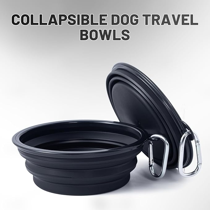 Dog Bowl Pet Collapsible Bowls, 2 Pack Collapsible Dog Water Bowls for Cats Dogs, Portable Pet Feeding Watering Dish for Walking Parking Traveling with 2 Carabiners (Black+Black, Medium)