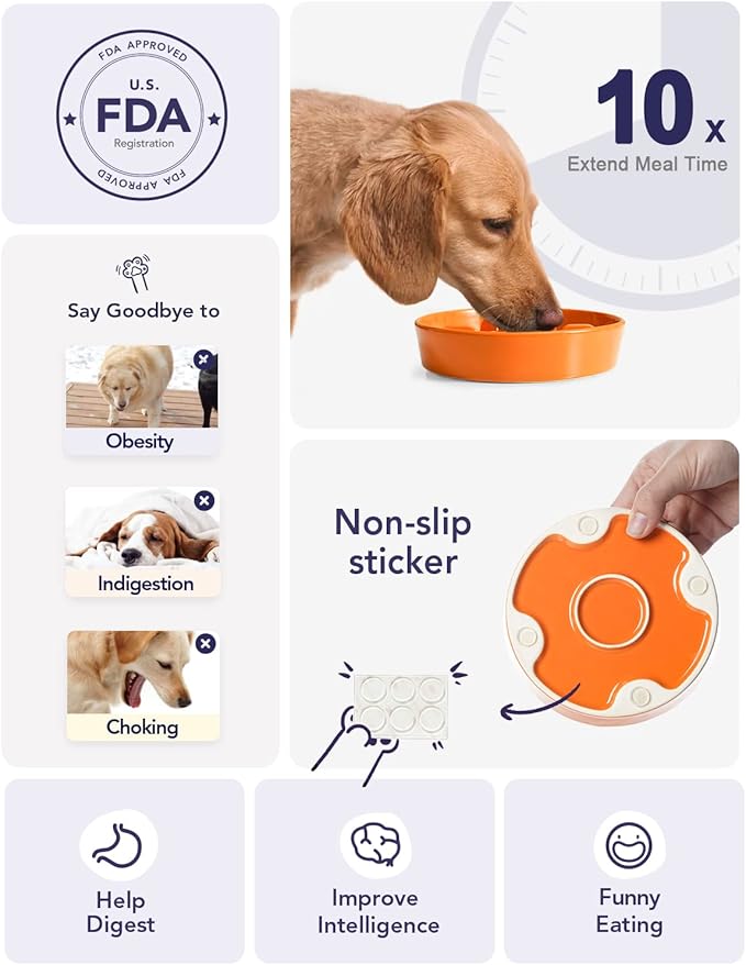 LE TAUCI Ceramic Slow Feeder Dog Bowls Small Breed, 0.6 Cups Dog Food Dish for Fast Eaters, Puzzle Bowl for Small Dogs and Cats,Orange