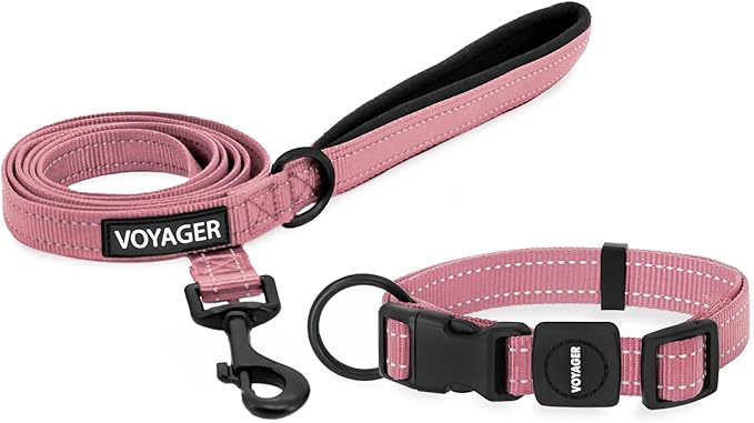 Voyager Reflective Dog Leash Collar Set with Neoprene Handle Supports Small, Medium, and Large Breed Puppies, Cute and Heavy Duty for Walking, Running, and Training - Pink, S