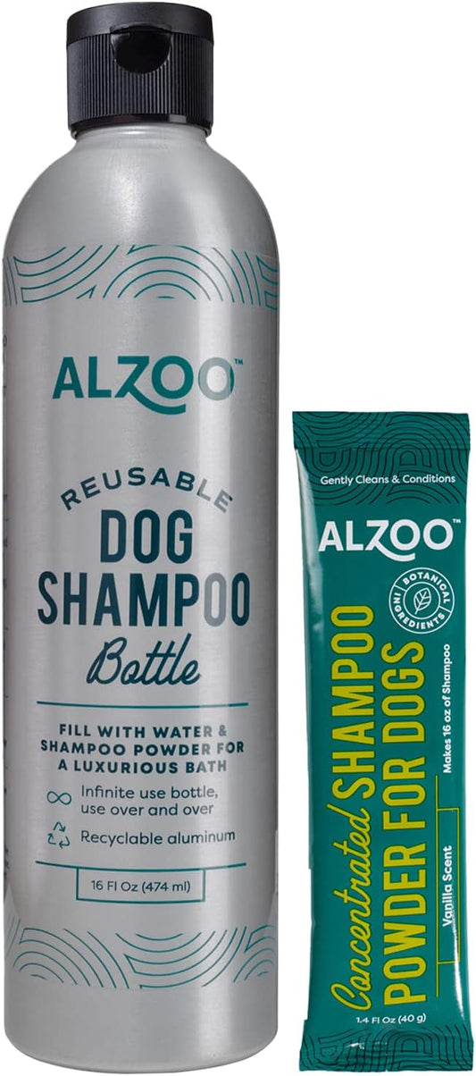 Reusable, Refillable Aluminum Bottle & Concentrated Powder Shampoo for Dogs, Sensitive Skin Bundle, Just Add Water, Bottle & Pouch Starter Kit