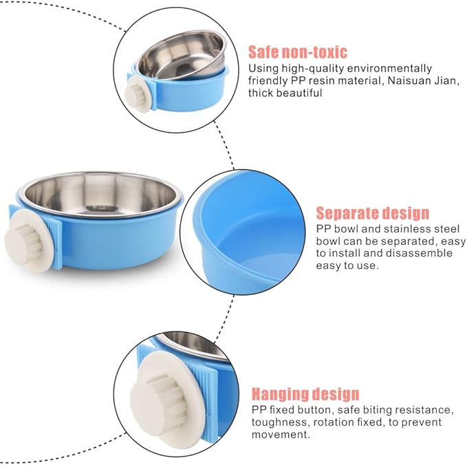 Crate Dog Bowl Removable Stainless Steel Water Food Feeder Bowls Cage Coop Cup for Cat Puppy Bird Pets (Large, Blue)