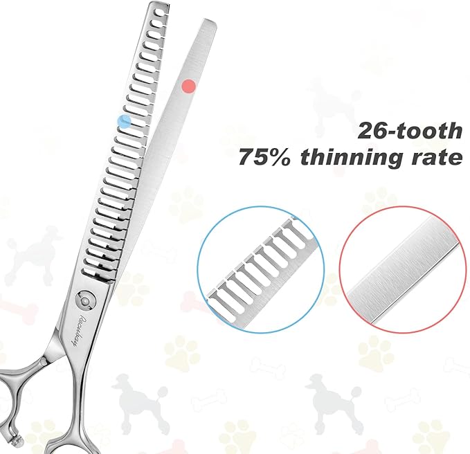 Dog Cat Scissors for Grooming, Pet Shears for Thick Coats and Matted Hair, Thinner Curved Straight Chunker Stainless Steel Shears