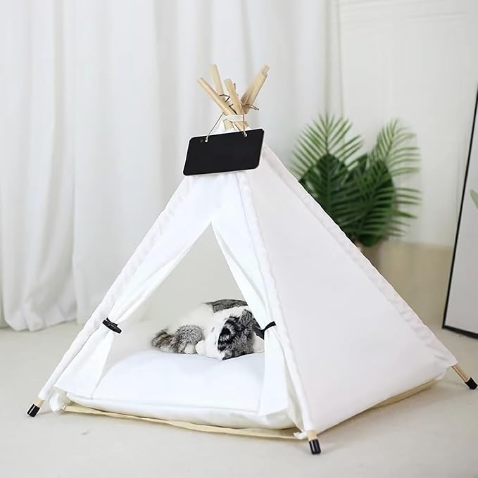 Dog and Cat Teepee Bed - Portable Pet Tent for Small Dogs and Indoor Cats, Removable & Washable With Cozy Cushion, Bunny Outdoor House (White, L)