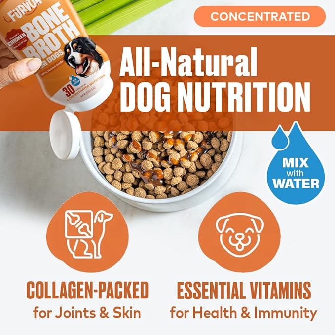 Chicken Bone Broth for Dogs - Collagen Protein Supplement for Digestion, Mobility, Coat, Immunity, Healthy Dog Food Topper, Human Grade Meal Boost Gravy, Just Add Water, Made in USA, 16 oz