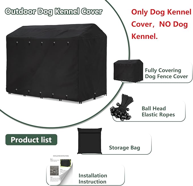 Classic Black Outdoor Dog Kennel Cover 8'Dx4'Wx6'H Full Coverage Windproof Anti-UV.Waterproof Dog Kennel Cover for Multiple Brands of Dog Kennels,Cover Only,Classic Black.(Patent Pending)
