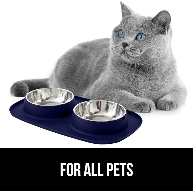 GORILLA GRIP Patent Pending 100% Waterproof BPA Free 4 Cup Cat and Dog Bowls Silicone Feeding Mat Set, Stainless Steel Bowl Slip Resistant Raised Edges, Catch Water, Food, Pet Accessories, Navy Blue