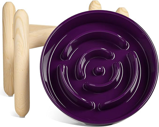 LE TAUCI Ceramic Slow Feeder Dog Bowls Elevated, 3 Cups Raised Dog Bowl with Wooden Stand for Medium Large Breed, Dog Dishes to Slow Down Eating, Puzzle Dog Food Bowl, Maze Purple