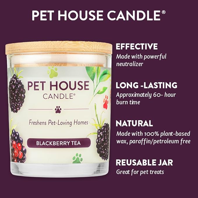 Pet House 9 oz BlackBerry Tea Scented Candle, Clean Burning, Long Lasting Plant Based Soy Candle for Pet Odor, Spring, Summer Scented 60 Hour Burn Time